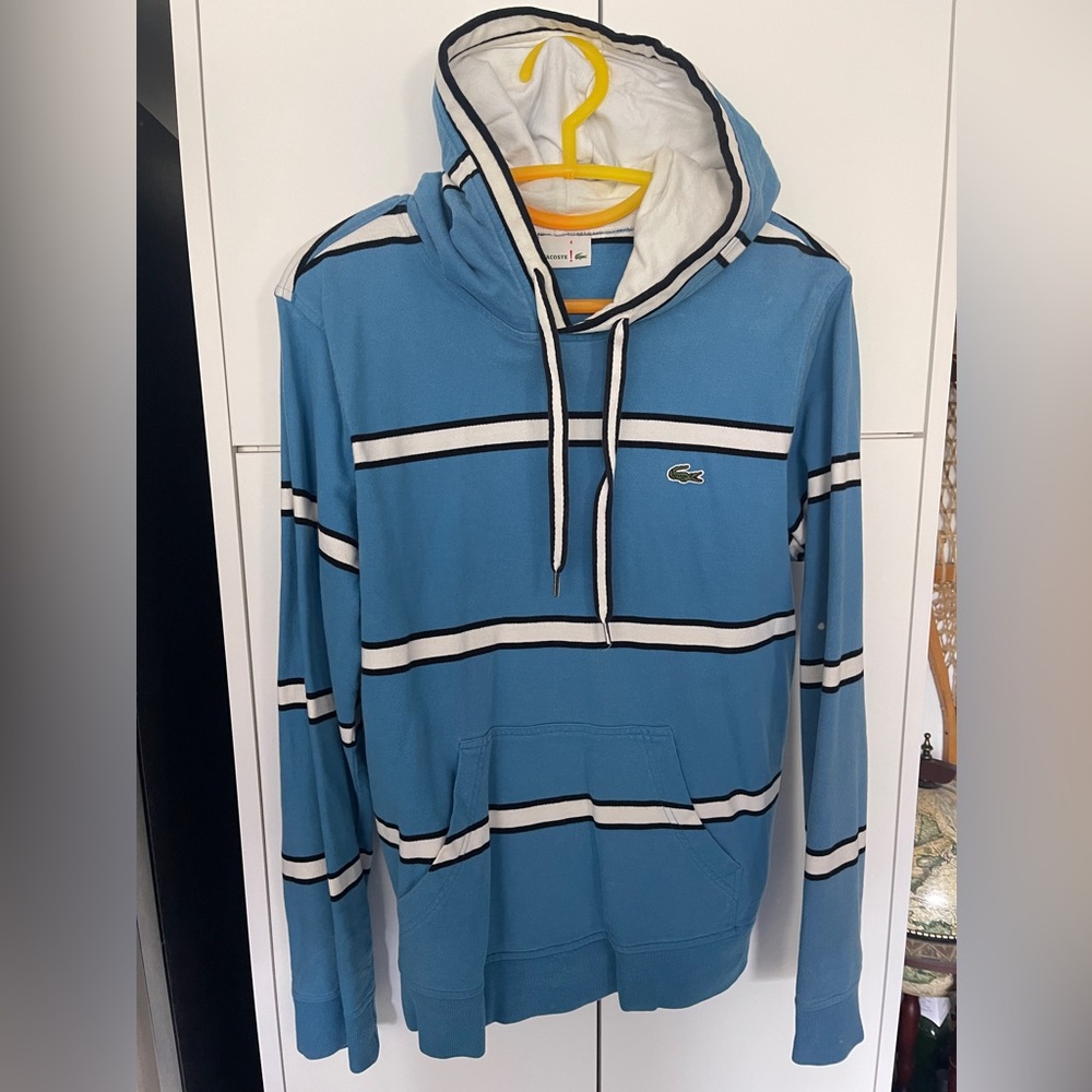 Lacoste Men’s Pullover Hoodie Blue White Black Stripes Size 4 Medium M